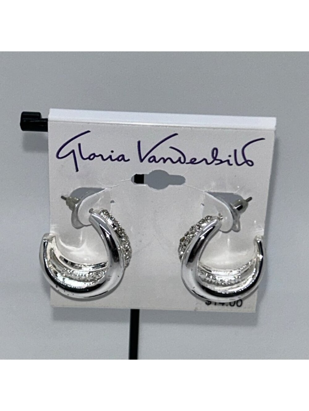 Gloria Vanderbilt Post Hoop Earrings Silver-Tone Rhinestone Classic Style